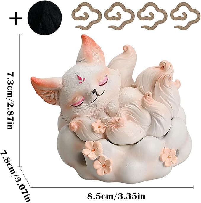Cute Nine-Tailed Fox Decorative Incense Holder, Resin Sleeping Fox Figurine Cone Coil Incense Burner with Lid, Ash Catcher for Yoga Meditation Spa Home Office Aromatherapy Decor (White)