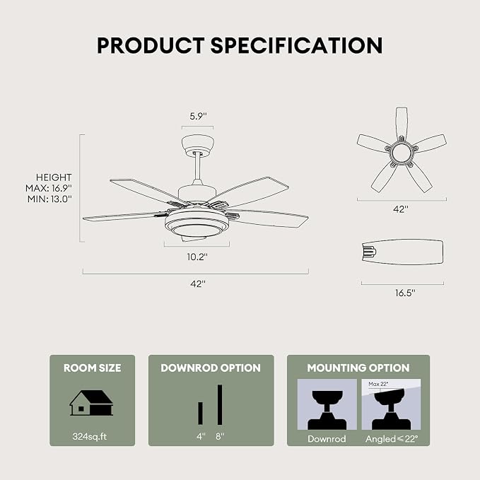 Fanbliss Ceiling Fans with Lights and Remote Control for Bedroom, 42 Inch Black Small Modern Ceiling Fan with Quiet Reversible DC Motor, 3CCT, Dimmable, LED for Living Room, Patio, Indoor and Outdoor