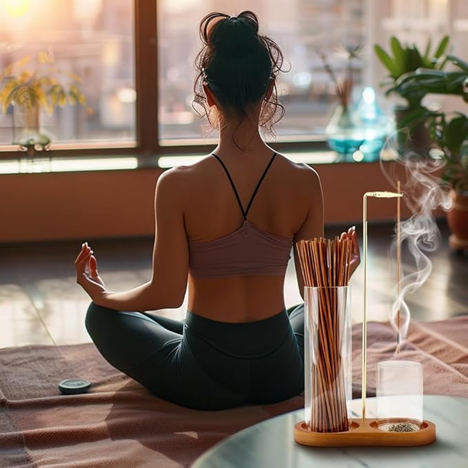 2 in 1 Incense Holder for Sticks,Wooden incence Holder with Detachable Glass Ash Catcher & inscent Sticks Organizer and a Ash Brush, for Meditation Yoga Spa Room Decor