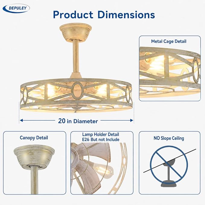 Depuley Caged Ceiling Fans with Light: 20-Inch Cement Enclosed Farmhouse Fandelier for Kitchen Bedroom - Industrial Semi Flush Mount Ceiling Fan with Remote 6 Speeds Reversible Motor Timer