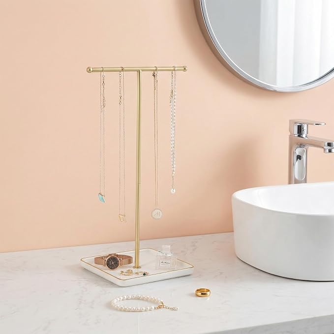 Necklace Holder Stand with Ceramic Tray, 13.78" Tall T Bar Jewelry Organizer for Tangle Free Storage, Gold Necklace Holder for Bracelets Rings, Vanity Dresser Room Decor, Gift for Women Girls