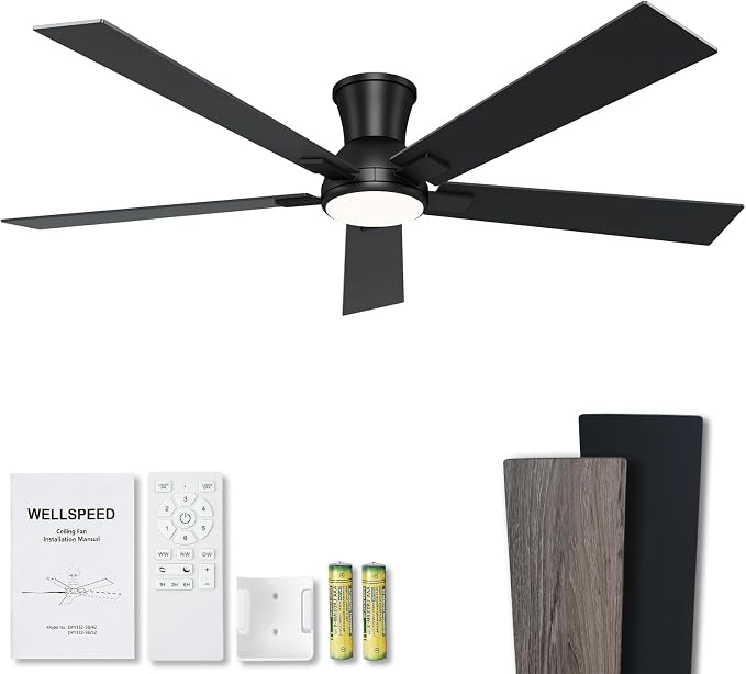 60 Inch Black Flush Mount Ceiling Fans with Lights, 3CCT Dimmable LED, 6-Speed Remote Control, Reversible Motor,Quiet Low Profile Energy-Efficient for Bedroom & Living Room,ETL Listed