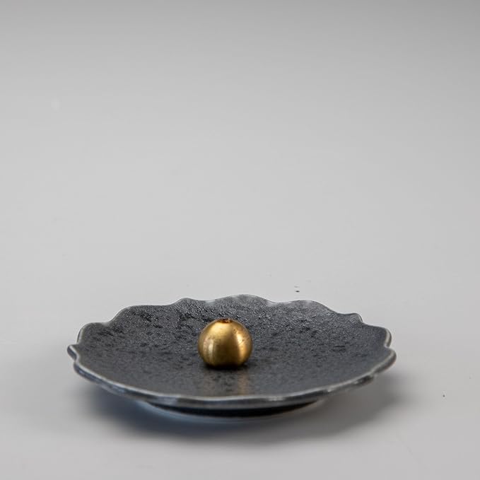 Asayu Japan Incense Holder - Matte Gray Crystal “Kikyo” Flower Shape - Mino Ware Ceramic Ash Catcher Plate with Brass Holder (Ginnezu Kikyo)