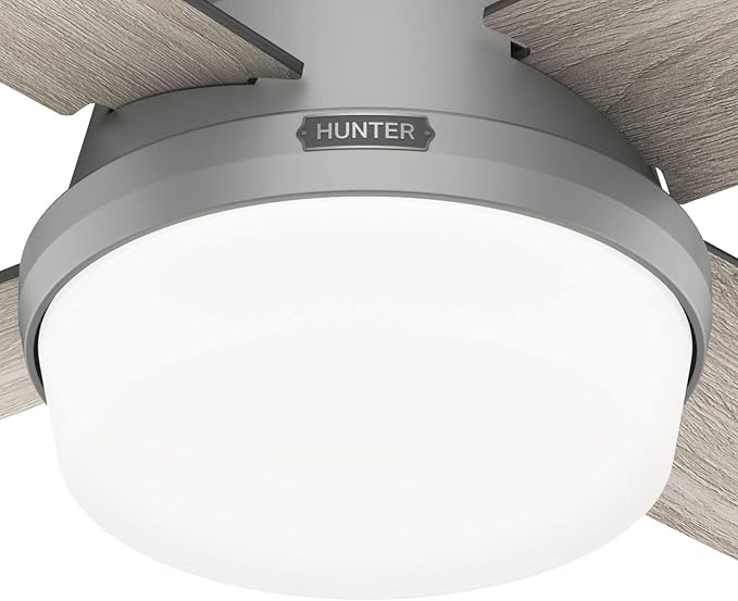 Hunter 44 inch Indoor Ceiling Fan with LED Light and Remote Control - Modern Ceiling Fan, Low Profile Mount, 4 Blades, For Bedroom, Living Room, or Kitchen, Quiet - Dempsey 51757, Matte Silver