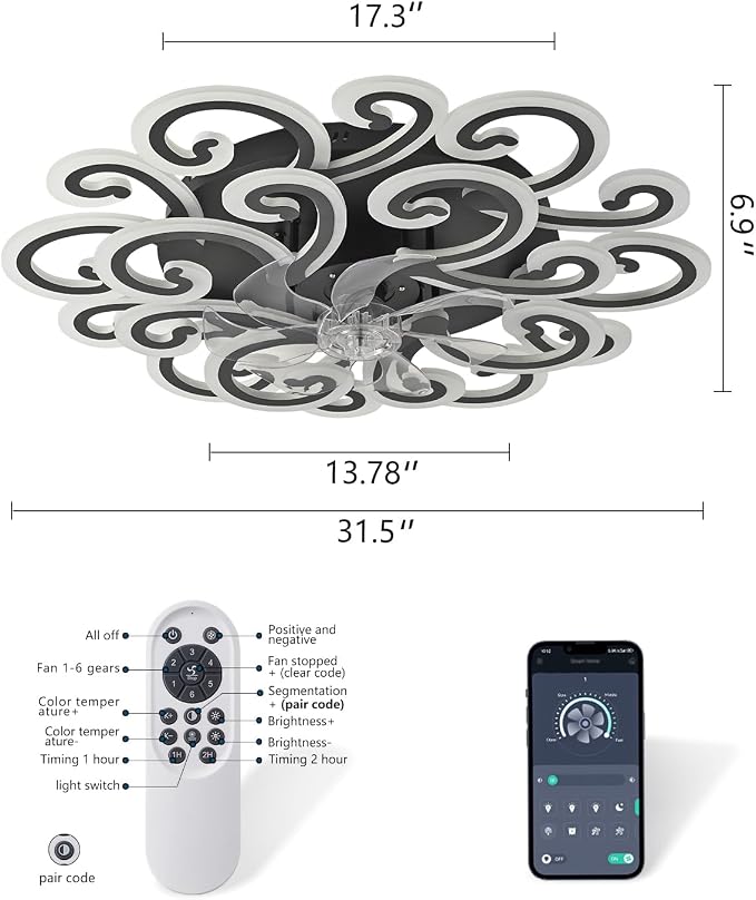 Modern LED Ceiling Light with Decorative Swirl Design, Energy-Efficient Ceiling Fan Lamp, Stylish Black and White Ceiling Light Fixture for Living Room, Bedroom, or Office