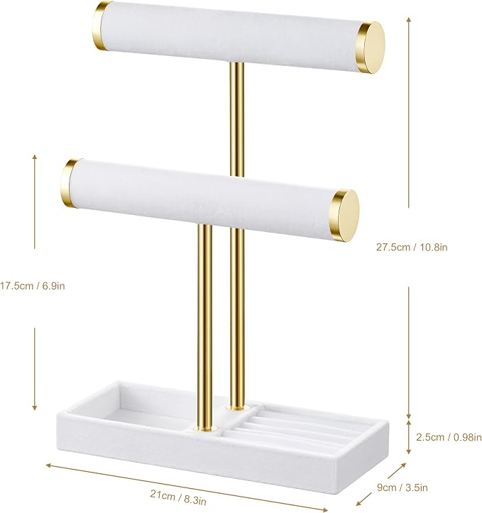 bussdis 2 Tier Bracelet Holder Display, Necklace Holder Organizer, White | Velvet Necklace Holder | Jewelry Tree | Jewelry Towers | Jewelry Stand Organizer for Necklaces, Bracelets, Earrings, Rings