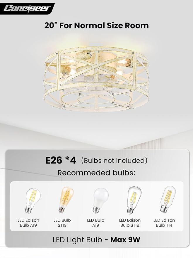 Conciseer 20 Inch Caged Ceiling Fans with Lights and Remote, Flush Mount, Low Profile 7 Blades, 6 Speed Reversible Quiet DC Motor for Bedroom, Kitchen and Living Room, White/Gold Brushed