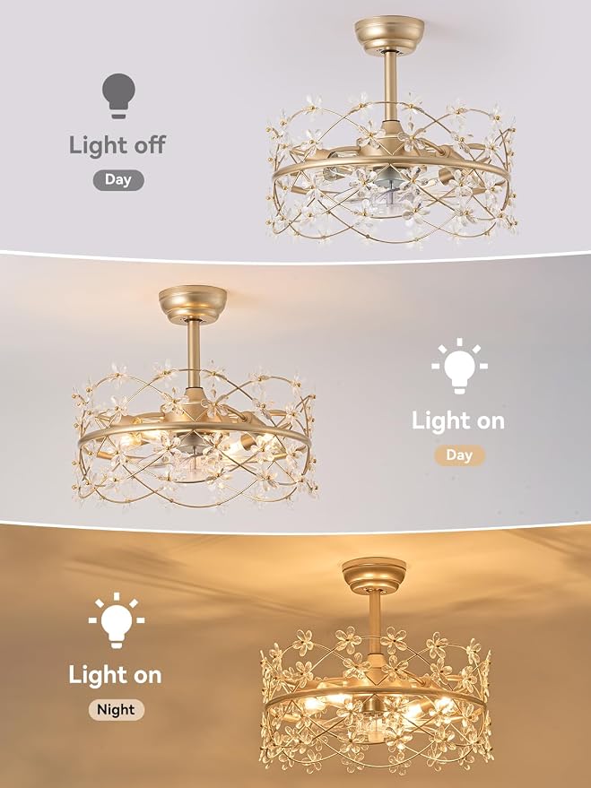 20" Gold Fandelier Ceiling Fans with Lights, Flower Chandelier Ceiling Fan | 6 Speeds, Reversible Motor, Timer, Remote,Vintage Gold Flower Caged, Quiet Fandelier For Girl's Bedroom, Nursery, Living Room