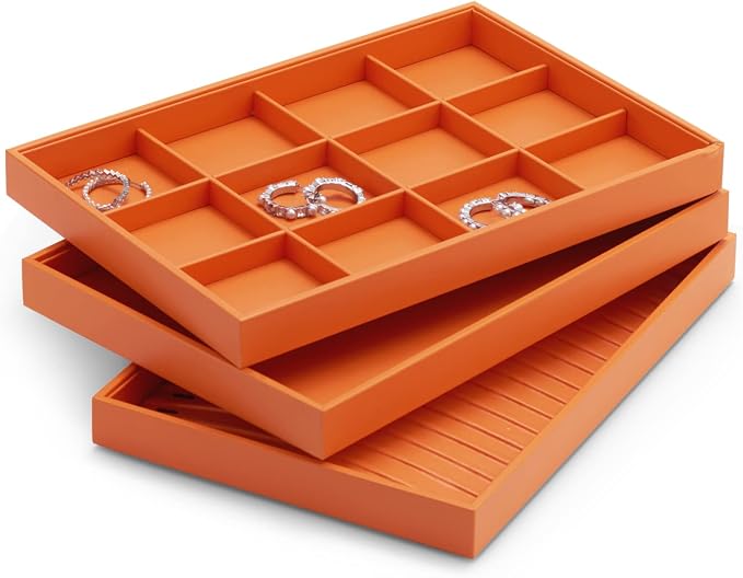 Oirlv Orange Leather Jewelry Tray 12-Grid | Orange Leather Exterior, Soft Microfiber Interior, 12 Grid Inserts, Vibrant Color, Versatile Storage for Jewelry
