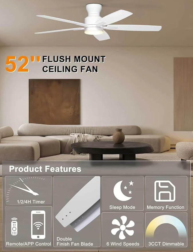 Ohniyou Ceiling Fans with Lights, 52'' Low Profile Ceiling Fan with Light and Remote/APP Control, Modern Flush Mount Ceiling Fan for Indoor Bedroom Living Room, Dimmable, Quiet DC Motor, White