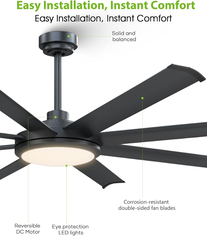 60 inch Black Ceiling Fan with Light and Remote, Industrial Ceiling Fan, Ventilador de Techo, 6 Speed Quiet DC Motor, 8 Blades, Large Ceiling Fans for Garage, Living Room, Home Office