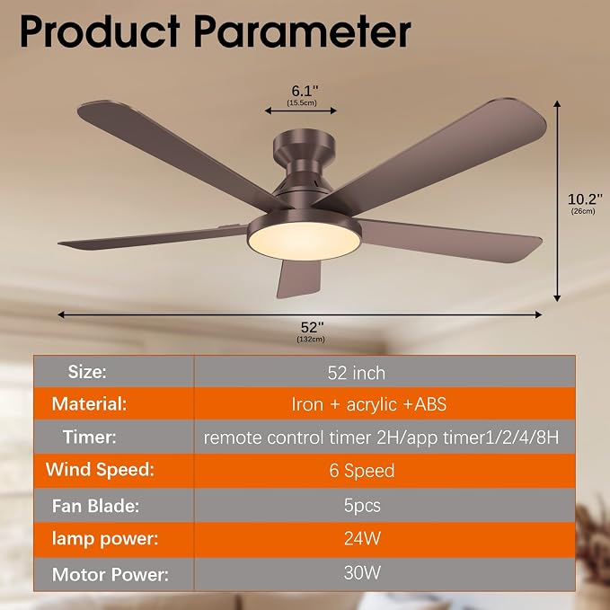 Ceiling Fans with Lights, 52 inch Low Profile Ceiling Fan with Light, Remote/App Control, Flush Mount Modern Ceiling Fan for Bedroom, Indoor/Outdoor (Brown)