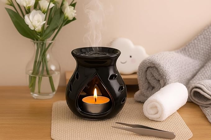 Pure Source India Ceramic Essential Oil Burner Wax Melt Burners |Aromatherapy| Ceramic Oil Diffuser| Candle Tealight Holder (Set of 1) Home Bedroom Decor Christmas Housewarming Gift, Black