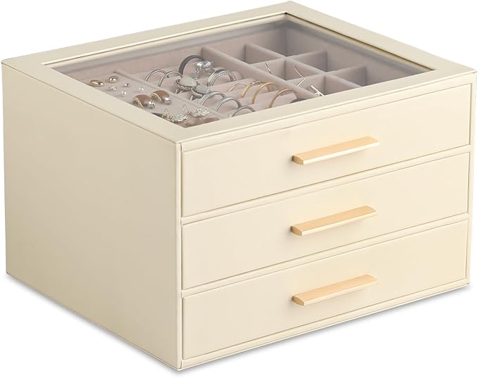 Frebeauty Jewelry Box for Women,Clear Lid Jewelry Organizer with 3 Drawers | Faux Leather,Velvet Lining,3 Layers,Jewelry Storage for Ring Earring Stud,Dustproof Design,Gift Choice,Golden Stylish Handle