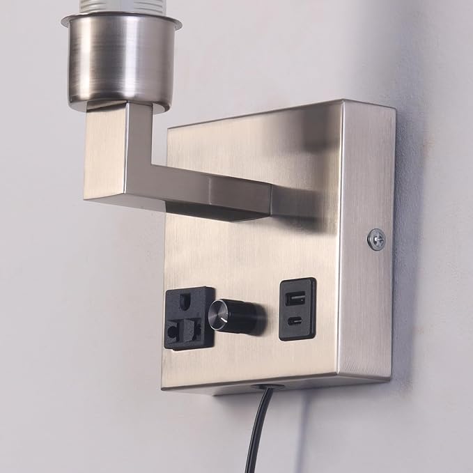 Bedside Wall Lamp for Bedroom, Plug in Wall Sconce - Dimmable Switch with AC Outlet & USB Charging Port, Fabric Shade, Black Wall Mounted Light for Living Room, Hotel (Satin Nickel)