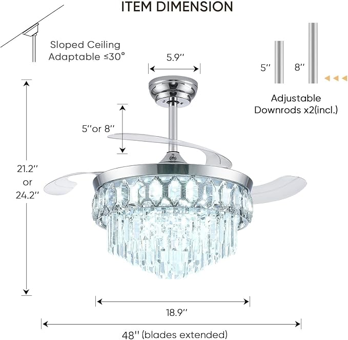 FIDGRA 48 Inch Fandelier Ceiling Fan with Light, Retractable Ceiling Fan with Lights Chandelier Fan for Bedroom, Living Room, 3 Color Temperature, 6 Wind Speed-Chrome