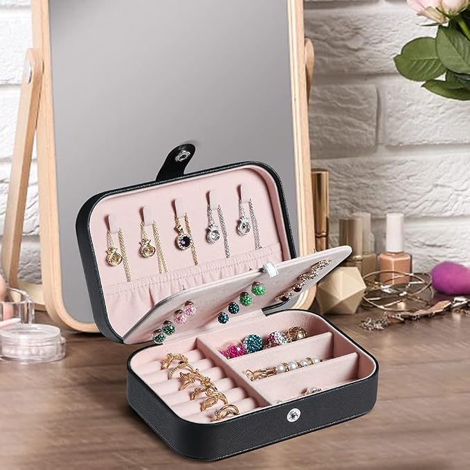 Hatori Travel Jewelry Box, PU Leather Small Jewelry Organizer for Women Girls, Double Layer Portable Mini Travel Case Display Storage Holder Boxes for Stud Earrings, Rings (Black Beige)