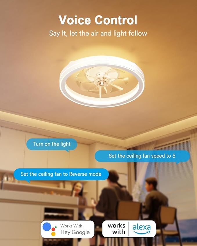 Lumary Smart Ceiling Fan Light with 2200K Nightlight, WiFi & Bluetooth Low Profile Ceiling Fan with Light Remote for Bedroom, RGBAI & 42 Scenes Mode, Flush Mount Easy to Install, 5000 LM, 19in White