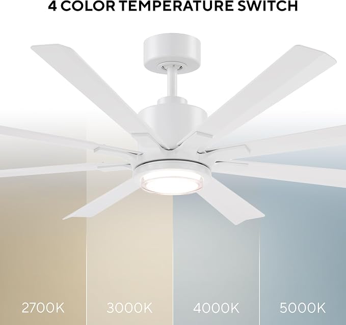 Modern Forms Size Matters Indoor or Outdoor 8-Blade 56in Smart Ceiling Fan in Matte White with Adjustable CCT 2700-3000-4000-5000K LED Light Kit and Remote Control