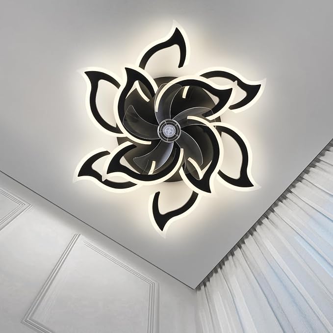 38" Black Geometric Ceiling Fan with Lights, 6 Speeds Flower Low Profile Flush Mount Ceiling Fan for Living Room