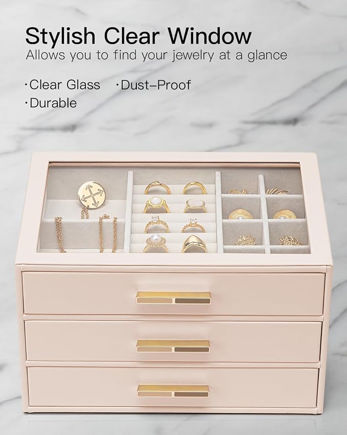 VLANDO Jewelry Box for Women, Glass Lid Jewelry Organizer with 3 Drawers for Necklaces Rings Earrings Bracelets - Nude Pink