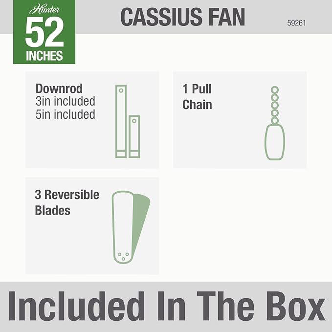 Hunter Cassius, Outdoor or Indoor, Ceiling Fan, 52 inch, New Bronze | No Light, Standard Mount, Pull Chain, 3 Blades, For Living Room, Patio, Porch, Garage, 59261