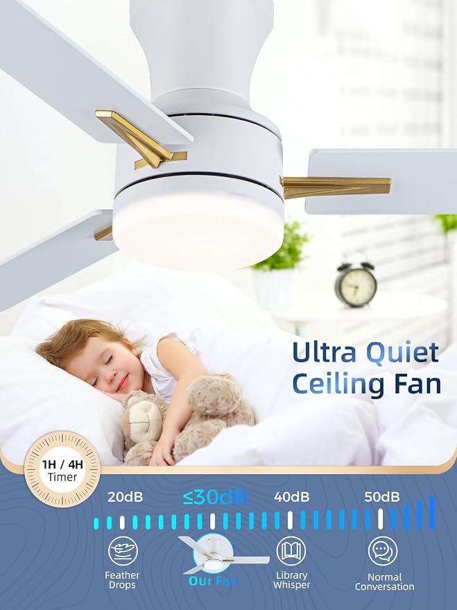 LANMEL 42 Inch Flush Mount Ceiling Fan with Light, App&Remote Control, Low Profile Modern Ceiling Fan, 6 Speed, Reversible, 3000k-6500k Dimmable LED, Quiet DC Motor for Indoor Outdoor, Gold White