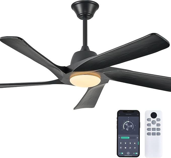 Ceiling Fan with Light, 52 Inch Solid Wood Ceiling Fans, Remote and APP Control, 3-color Dimmable, DC Motor, 6-speed Reversible, for Bedroom, Living Room, Black