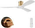 52 Inch Wood Ceiling Fans with Lights and Remote,Low Profile Flush Mount Ceiling Fan with Light,Outdoor Indoor Modern Ceiling fan for Bedroom Living room Patio,White and Gold,3 Blades,Reversible,Quiet