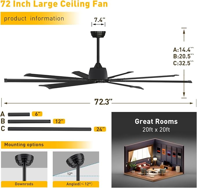 Minislak 72 Inch Black Ceiling Fan No Light with Remote and 8 Aluminum Blades,Industrial DC Motor Quiet Operation,6 Speeds,Large Indoor Outdoor Ceiling Fan for Garage,Patio,Living Room