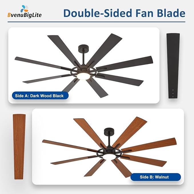 Large Ceiling Fans with Lights: Modern 66 Inch 8 Blade Outdoor Ceiling Fan with Remote APP Control - Dimmable Black Big Fan Light Indoor Reversible 6 Speed Quiet DC Motor