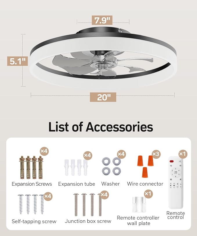 Smart Ceiling Fans with Light and Remote,20" Low Profile Ceiling Fan with 6-Speed & Dimmable LED, Alexa/APP Home Voice Control, App, Reversible Airflow, App Timer, for Bedroom（Black）