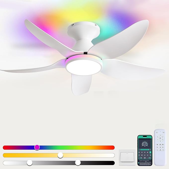 Kviflon Ceiling Fans with Lights Remote/APP Control, 38" Low Profile Ceiling Fans with Dimmable White Colors+Ring RGB Lights, 6 Speeds 5 Reversible Blades for Kids Room Bedroom Living Room, White