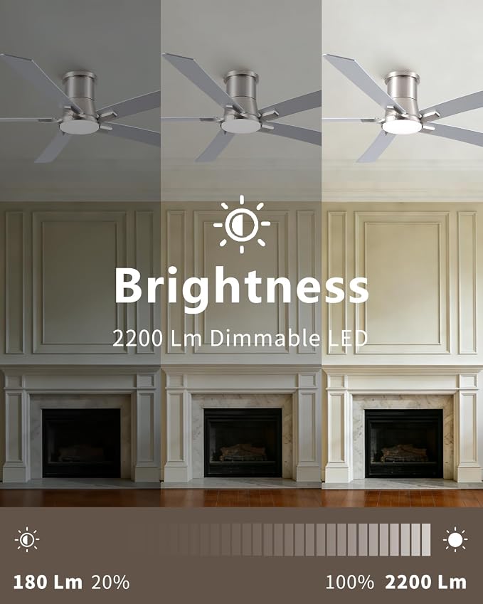 60 Inch Brushed Nickel Flush Mount Ceiling Fans with Lights and Remote | 3CCT Dimmable LED, 6 Speed, Quiet DC Motor, 3-Level Timer Function, Forward/Reserve For all Seasons, Indoor/Covered Outdoor
