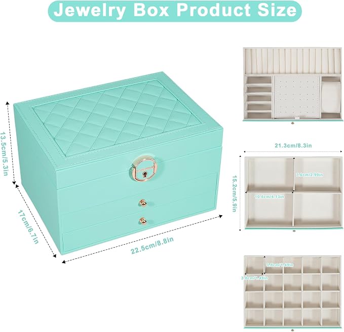 GUOER Jewelry Box for Women Girls, 3 Layers Large Jewelry Organizer (Teal) | Vintage Quilting Stitching PU Leather, Earrings Bracelets Rings Necklace Watches Storage Large Jewellery Holder Case Gifts