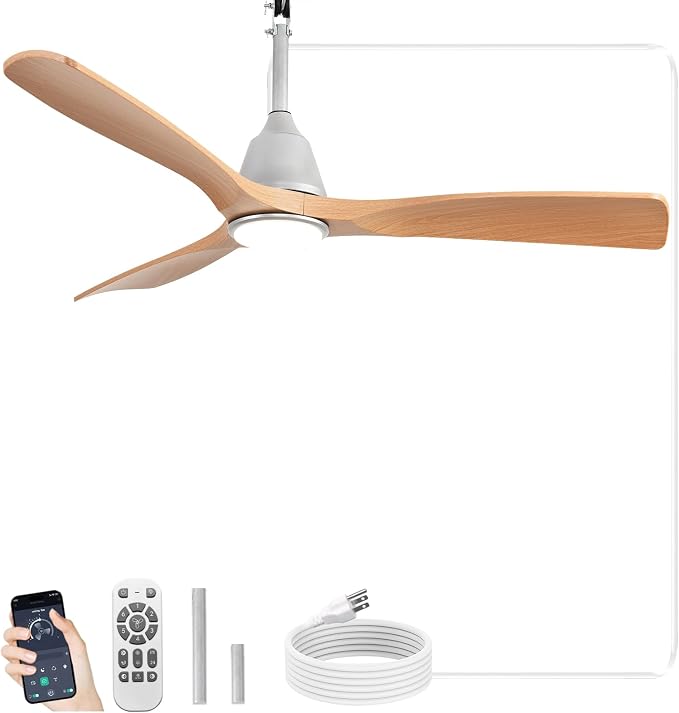 Depuley Outdoor Ceiling Fan with Lights: 52" Silver Gazebo Fans Outdoor Hanging with Remote APP Control - Plug in Waterproof Fans with Light for Patio Porch Reversible Wood Blades 3CCT 6 Speeds Timer