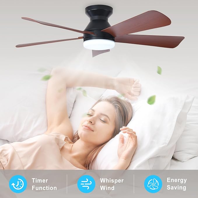 Depuley Modern Ceiling Fan with Light: 42-Inch Black Small Fans for Bedroom Indoor Outdoor - Dimmable Low Profile Ceiling Fans with Remote Control Flush Mount 5 Reversible Walnut Blades 6 Speeds Timer