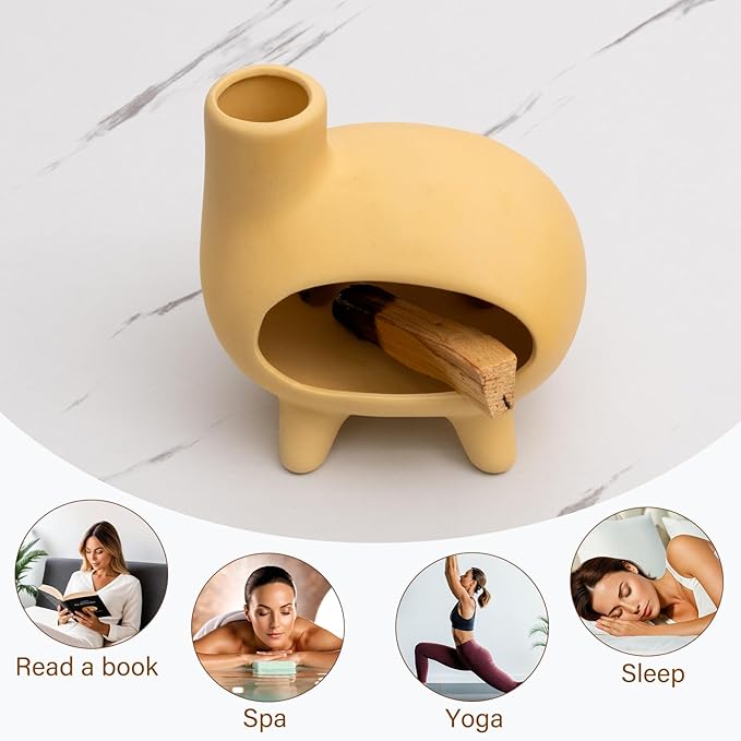 MOUGIGI Elegant Handcrafted Ceramic Palo Santo Burner-Yellow Terracotta Footed Incense Holder for Meditation,Compatible with Wood Sticks,Sage,Ash&Cones-Mini Aromatic Home Altar with Chimney Design