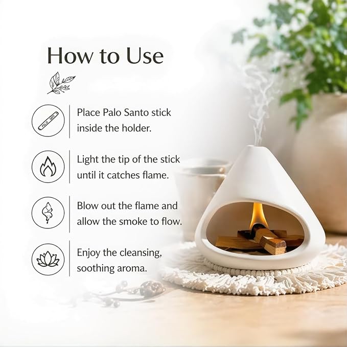 Ceramic Palo Santo Holder Burner,Incense Cone Holder,Mini Chiminea for Palo Santo Sticks and Sage Burner,with Handmade Heat Insulated Mat,Dust Brush,Metal Tweezer. (White)