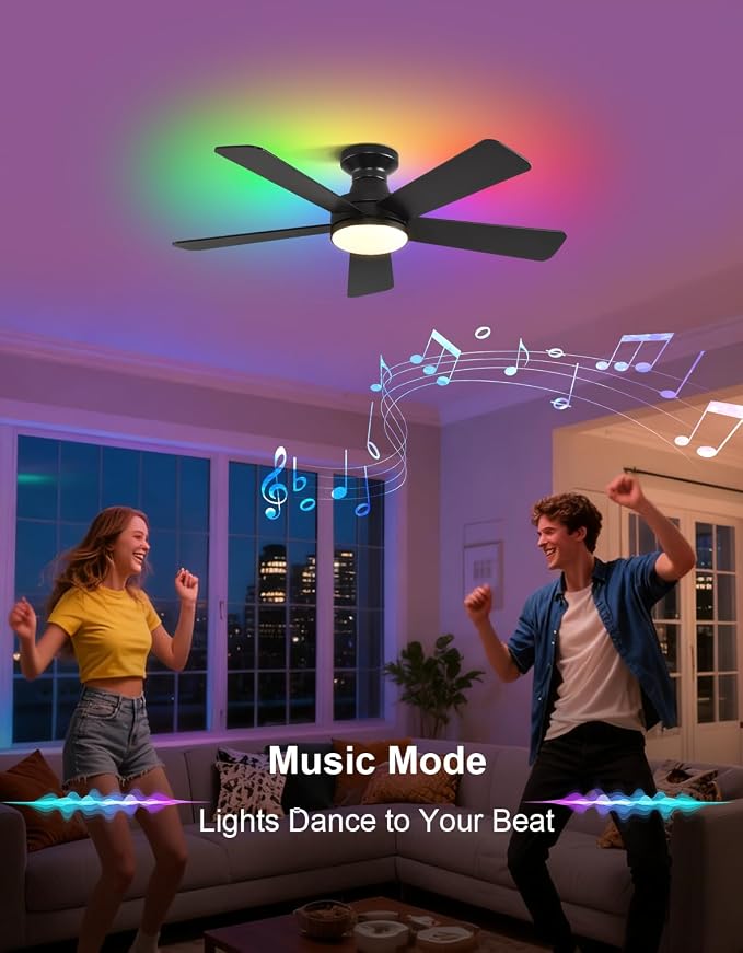 42" RGB Ceiling Fan with Light, App & Remote Controlled Flush Mount Ceiling Fan, Music Sync Lighting, 6-Speed Quiet Reversible DC Motor, 4CCT Dimmable for Bedroom Living Room, Black