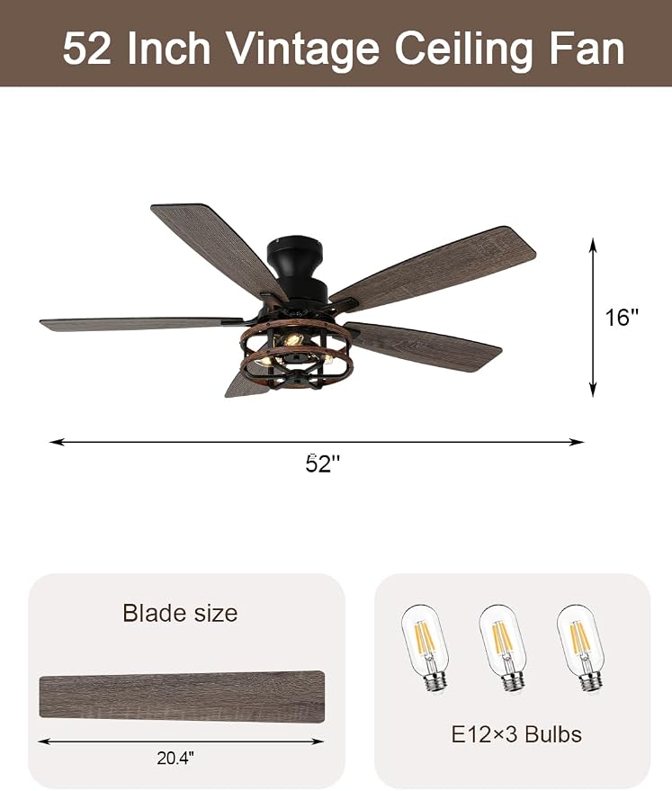 52" Farmhouse Rustic Ceiling Fan with Lights Remote Flush Mount | Rustic Caged Fandelier Low Profile Chandelier, for Bedroom Living Room, 5 Dual Blades Quiet Reversible DC Motor 6 Speeds
