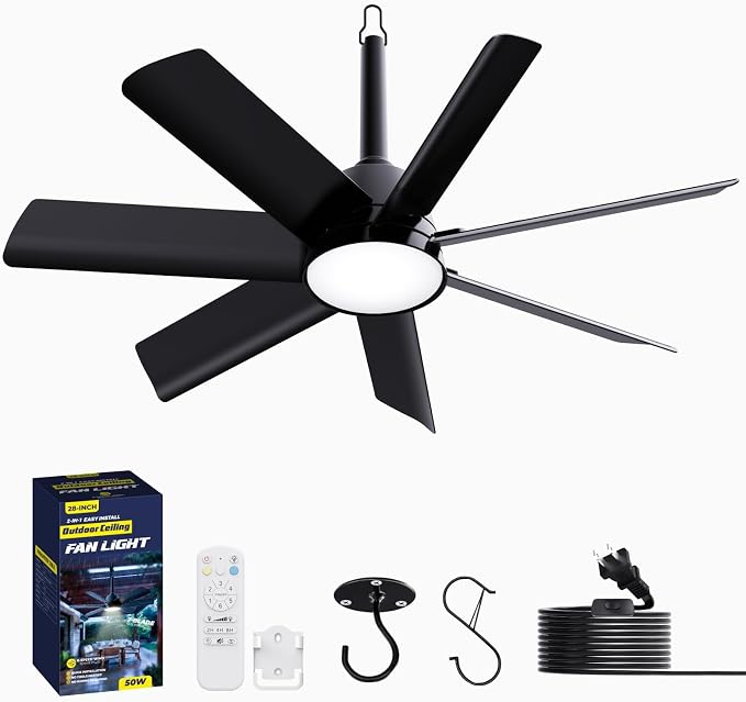 LANMEL Outdoor Gazebo Ceiling Fan with Light and Remote, 28 Inch, Black | Plug-In, IP65 Waterproof, Hanging with Hook, 6 Speed, Reversible, 3CCT, Dimmable, Portable, for Patio, Canopy, Porch, RV