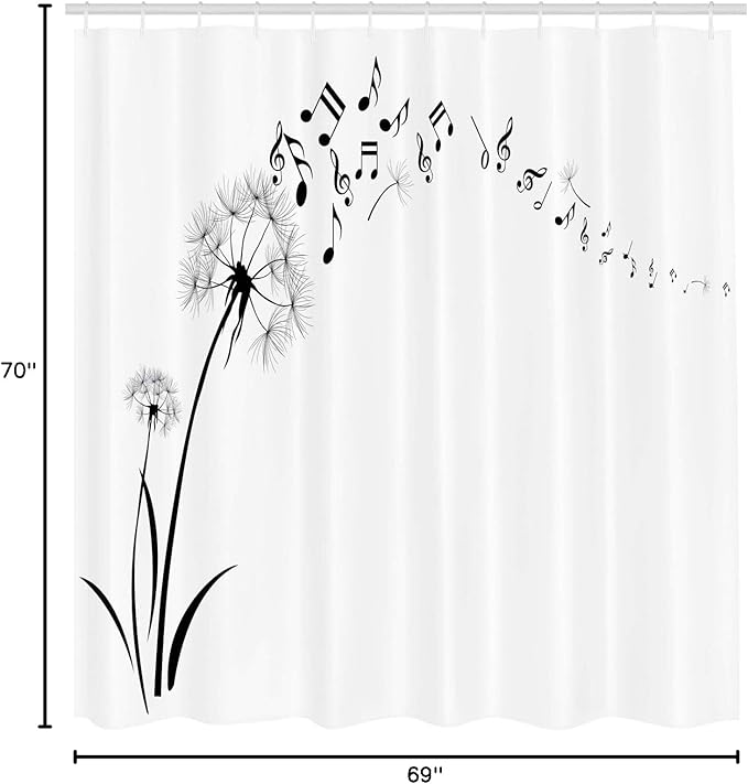Ambesonne Music Lover Shower Curtain, Flying Dandelions with Notes Summer Spring Meadow Simple, Cloth Fabric for Bath Home and House Luxury Hotel Series Set with Hooks, 69" W x 70" L, Black and White