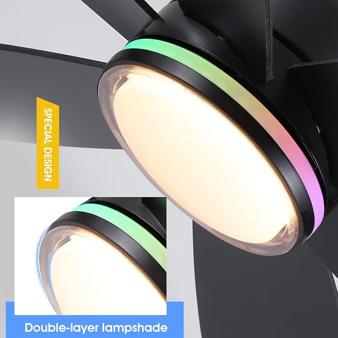 Kviflon 46" Ceiling Fans with RGB Lights, Low Profile Ceiling Fan with Remote/APP Control, Flush Mount, Double-Sided 6 Reversible Blades, RGB+3CCT Dimmable Lights, Double Lampshade for Bedroom, Black