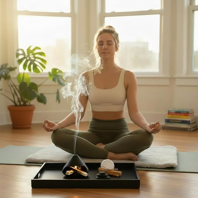Palo Santo Holder Incense Burner, Sage Sticks Holder, Zongzi Clay Smudge Bowl with Chimney, Mini Cone Ceramic Fireplace for Cedar, Yoga, Sleep, Home Decor, Anxiety Relief Meditation for Women (Black)