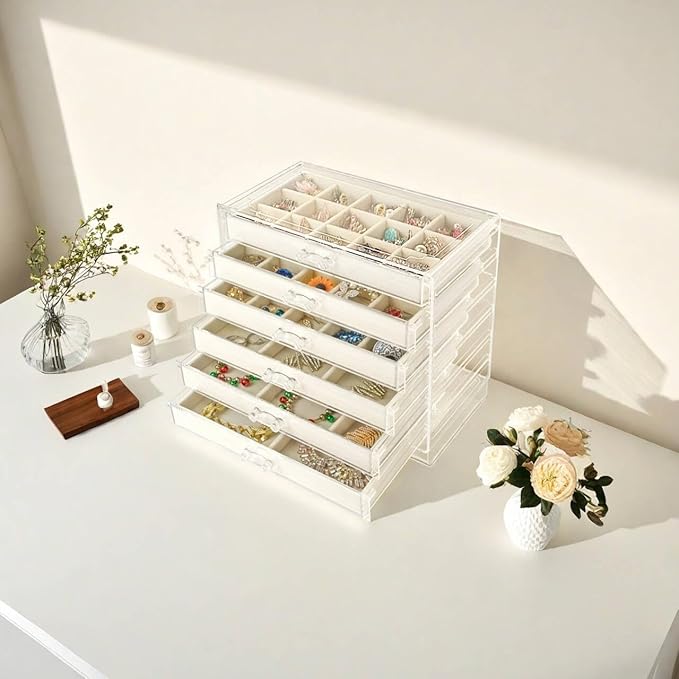 Watpot Acrylic Jewelry Box Organizer and Storage 6 Drawer for Earring Display Tray