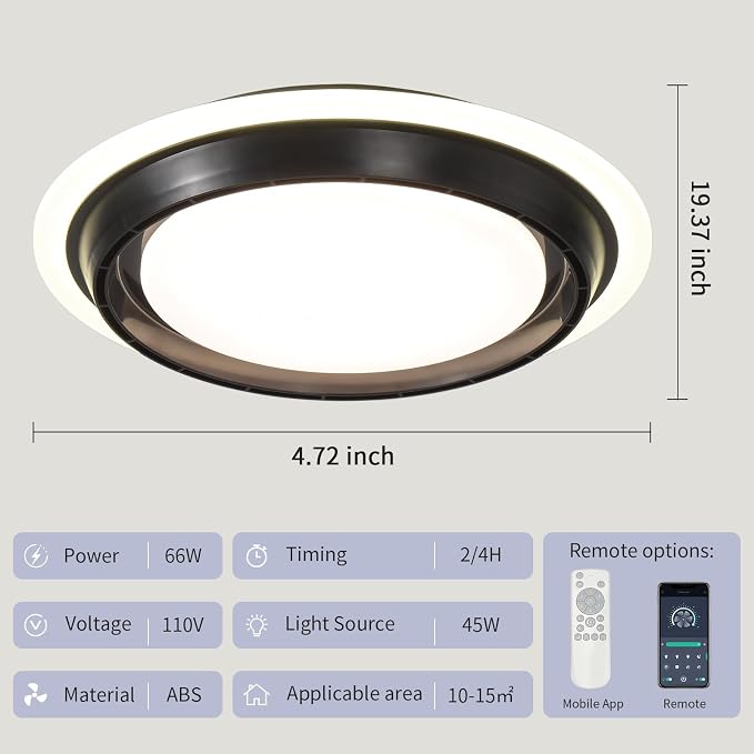 AHAWILL Low Profile Ceiling Fan with Light,19.29in Bladeless Ceiling Fan with Remote Control,Enclosed Flush Mount Fandelier,6 Wind Speed,Dimmable LED,Black,for Bedroom Dining Room