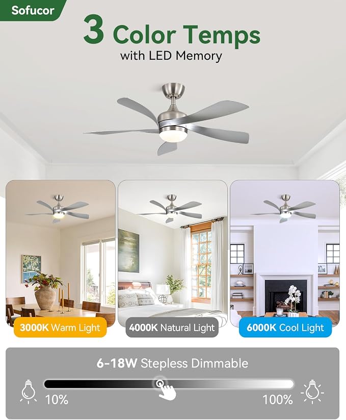 Sofucor 42 Inch Ceiling Fan with Lights and Remote, Indoor/Outdoor Ceiling Fan with Light 6-Speed 3 CCT 3-Timer, Low Profile White Ceiling Fan 5 Blade Quiet DC Motor for Bedroom Living Room Patio
