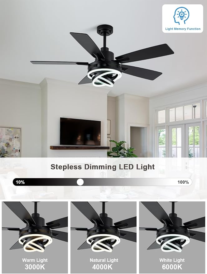Bella Depot 52" Modern Black Ceiling Fan with Light and Remote, Chandelier Fan Light for Living Room Bedroom Office Indoor Patio