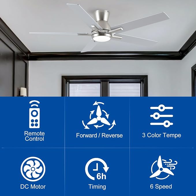 52'' Brushed Nickel Flush Mount Ceiling Fan with Light & Remote, ETL Listed | 6 Speed, Quiet DC Motor, 3-Level Timer Function, 3 Color Temperature, Forward/Reserve For all Seasons, Indoor/Covered Outdoor